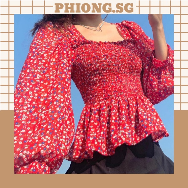 Áo croptop nữ kiểu hoa tay phồng nhún chỉ