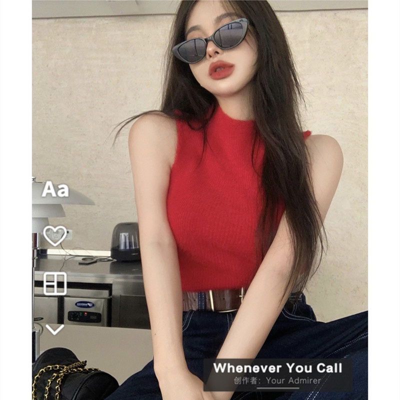 Áo Dệt Kim Sát Nách Cổ Cao Thời Trang Mùa Thu Quyến Rũ