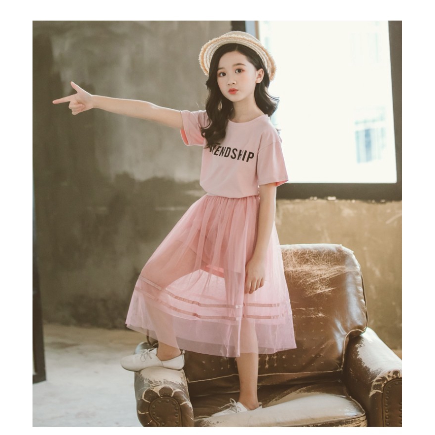 Short sleeve t-shirt + Korean style skirt for girls