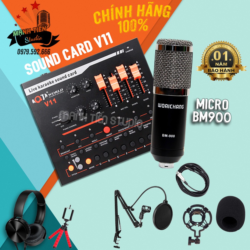 TRỌN BỘ COMBO MICRO BM900 + SOUND CARD V11 + FULL PHỤ KIỆN