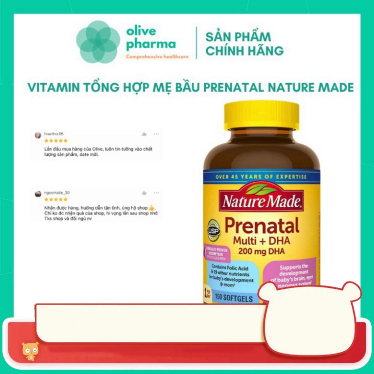 SIÊU GIẢM [150 Viên] Thuốc Bổ Cho Bà Bầu Nature Made Prenatal Multi DHA 200mg của Mỹ [Chuẩn USA] - Cho Bé Thông Minh Khỏ