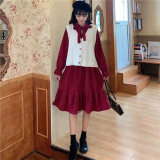 (Có sẵn) Váy đầm đuôi cá vải nhung tăm cổ nơ và áo len gile nữ thu đông