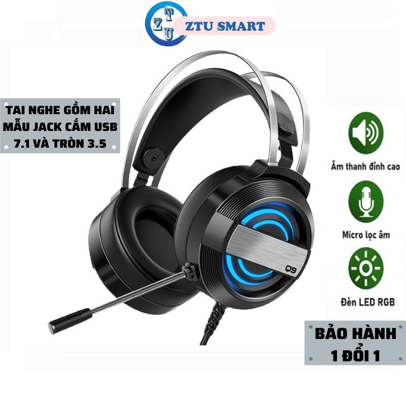 Tai nghe chụp tai gaming Ztu Smart MC Q9 có dây âm thanh vòm 3D mic lọc âm chống ồn đèn led rgb phong cách gaming