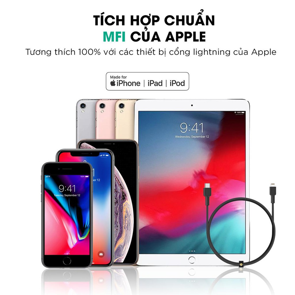 Cáp Sạc Nhanh 20W iPhone AUKEY | Cốc Sạc loại gập 20W PA-B1 PRO, Cáp MFI C to Lighnting 20W CB-CL1