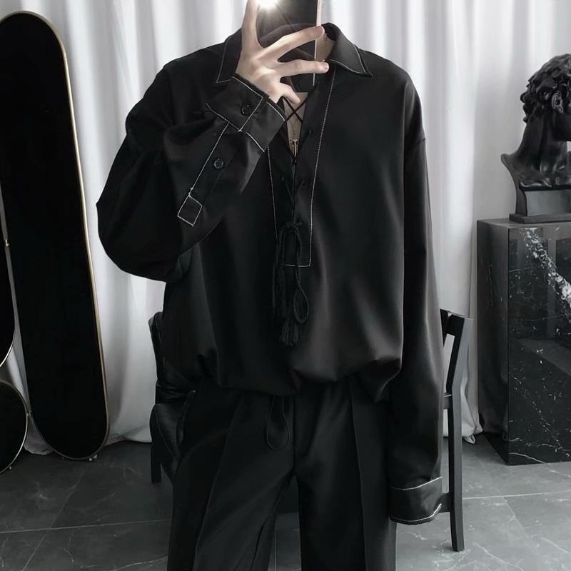 Áo Sơ Mi Tay Dài Màu Đen Thiết Kế Dây Rút Phong Cách Hàn Quốc Thời Trang Cho Nam