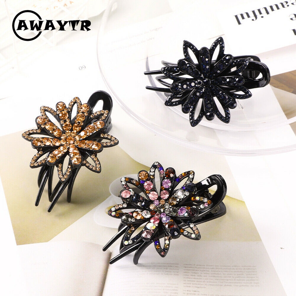 Kẹp Tóc Đuôi Ngựa Đính Đá Hình Hoa Kép Thanh Lịch Cho Nữ