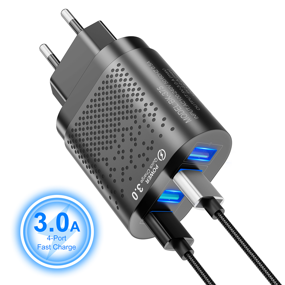 Cốc Sạc Nhanh 4 Cổng Usb Qc 3.0 Phích Cắm Eu / Us Cho Điện Thoại