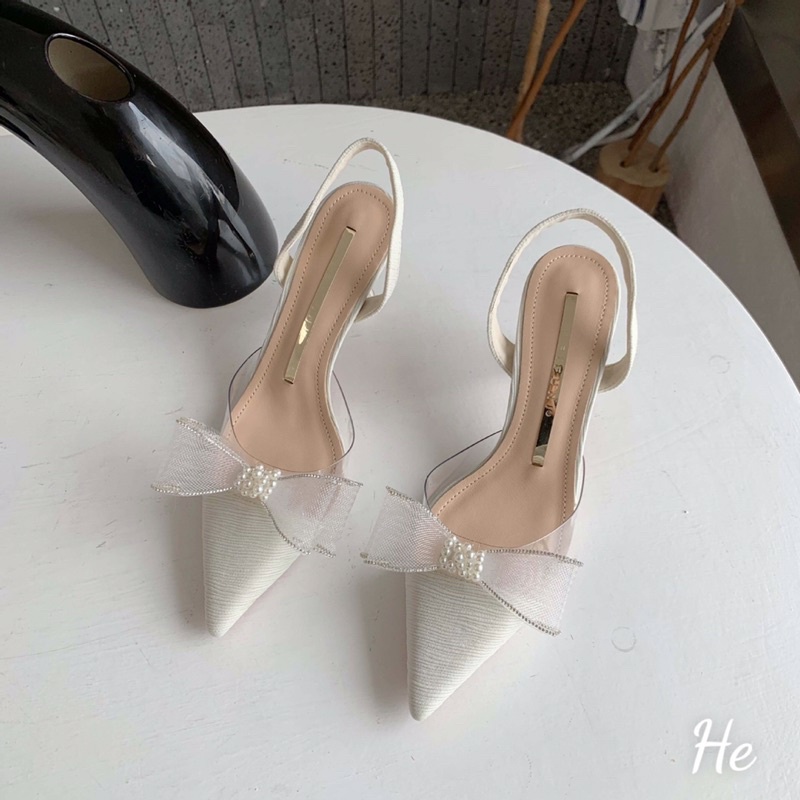 Sandal cao gót nơ lưới mẫu mới hàng cao cấp fullbox