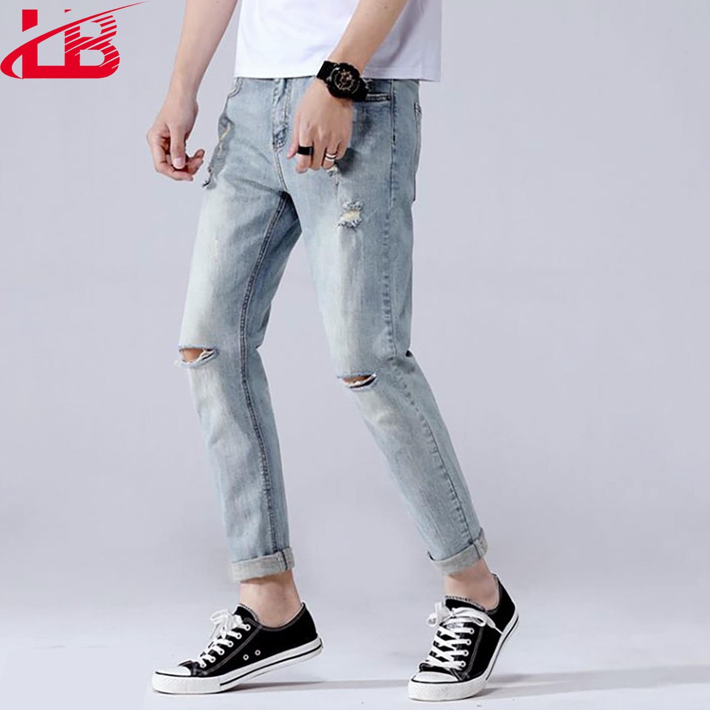 Quần jean nam basic LB, jean co giãn cắt rách gối,size 28-34, QJSH1991