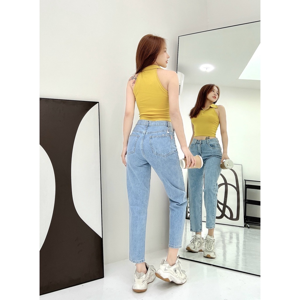 Quần jeans baggy ống suông nữ CRAZYTEEN lưng cao cá tính K0302