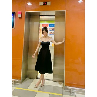 Váy trắng, đỏ, đen trễ vai lụa mango – đầm dự tiệc midi