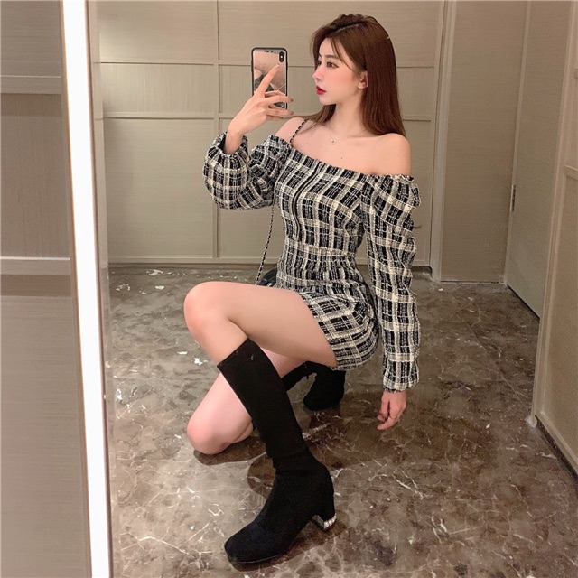 Gingham set áo croptop dài tay+ chân váy sọc caro phong cách ulzzang