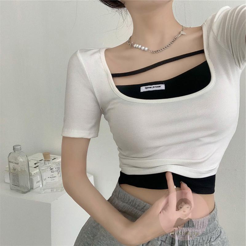 Áo Thun Tay Ngắn Cổ Chữ U Màu Trắng/Đen Cho Nữ