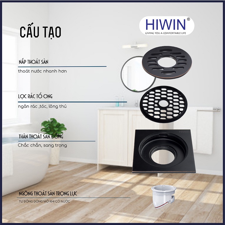 Phễu thoát sàn máy giặt ngăn mùi hôi thoát nước nhanh đồng mạ đen kích thước 100x100mm HIWIN FD-1101WB