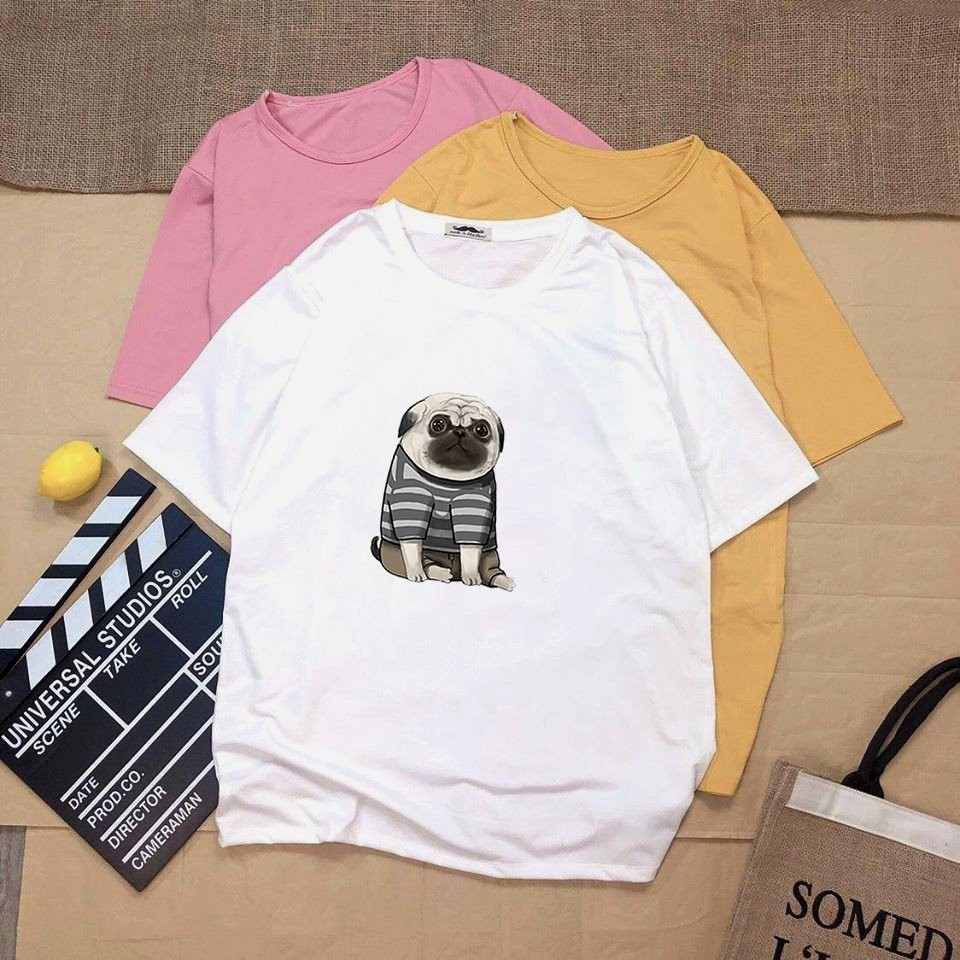 Áo thun tay lỡ unisex chó pug dễ thương vải dày mịn 20N1259