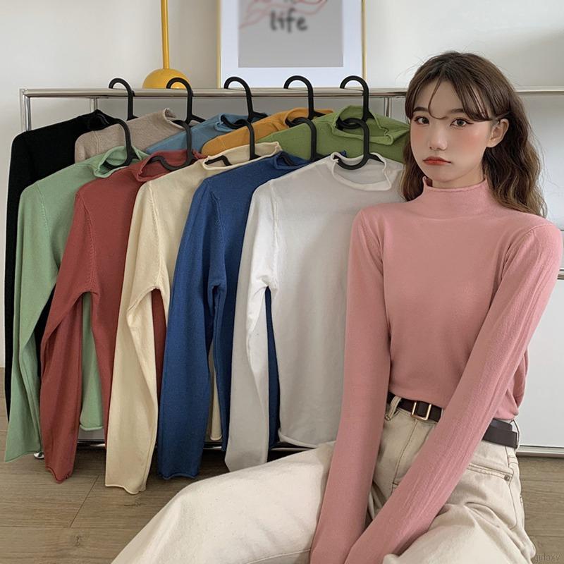 Áo thun tay dài cổ lọ màu trơn đơn giản thời trang hàn quốc cho nữ
