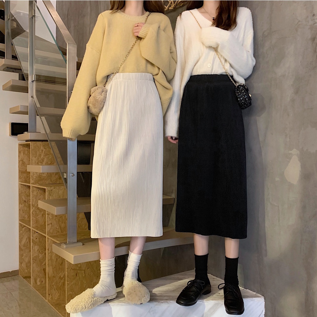 COZOK Chân váy chữ a lưng cao màu sắc đơn giản