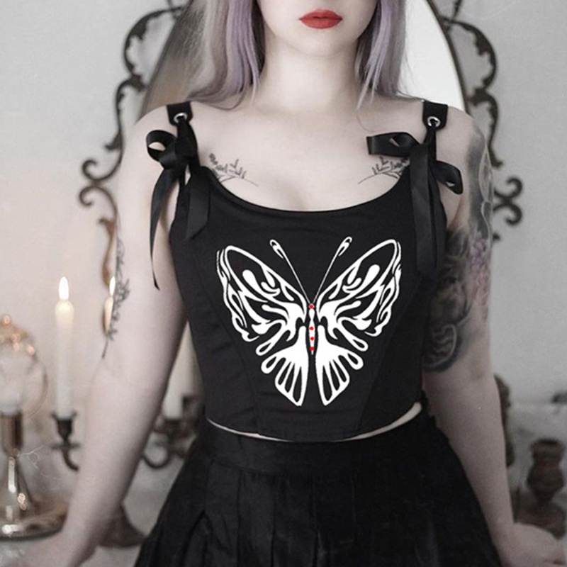 XIXI Áo Croptop Cổ Chữ U Hở Lưng In Họa Tiết Bướm Phong Cách Gothic Quyến Rũ Dành Cho Nữ