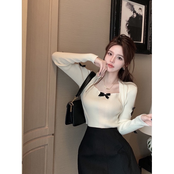 Cocory vn Áo Sweater Dệt Kim Tay Dài Cổ Vuông Thắt Nơ Thời Trang Mùa Xuân Xinh Xắn Cho Nữ