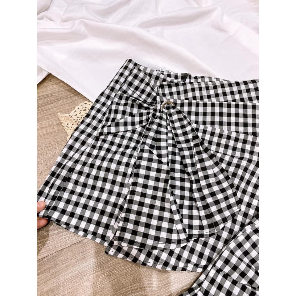 chân váy nữ có quần trong chấy kẻ thô Xước Xoắn Nơ Hot Trend