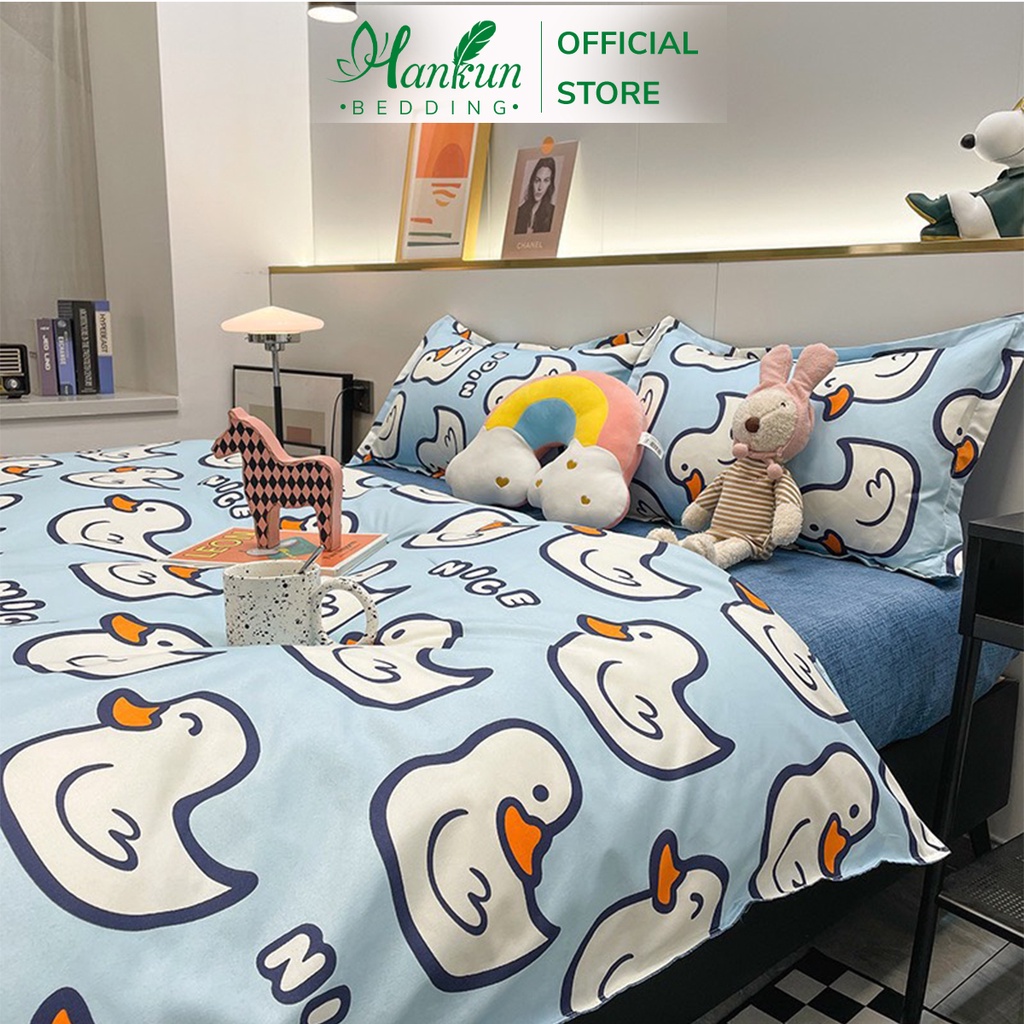 Bộ 4 món chăn ga gối cotton poly Hankun nhập khẩu hoạ tiết vịt xanh