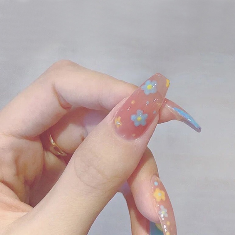 Set 24 móng tay giả đính nơ sơn xanh họa tiết hoa Jojo X23 móng giả nailbox kèm keo tự làm tại  nhà siêu kute