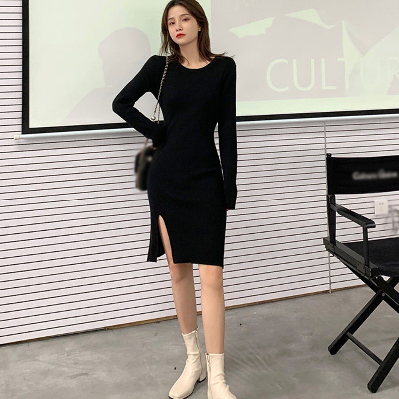 Đầm Tay Dài Cổ Tròn Dáng Ôm Xẻ Tà Quyến Rũ Dành Cho Nữ