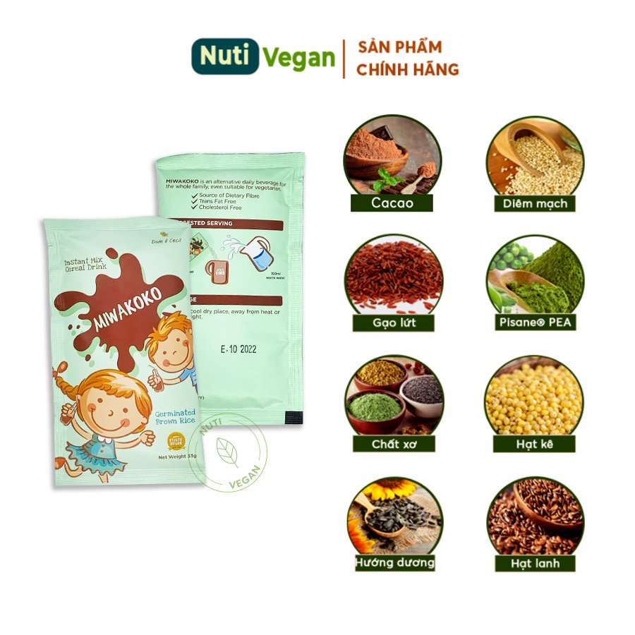 Sữa Công Thức Hạt Thực Vật Hữu Cơ Miwako A+ Vani, Miwako Gạo, Miwakoko Cacao Gói Dùng Thử 30g - Nutivegan