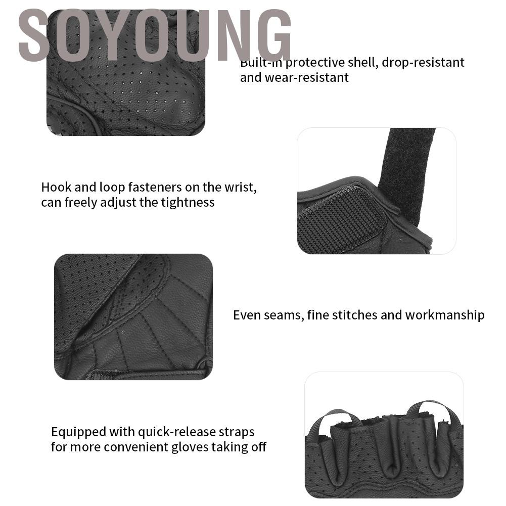 Soyoung Half Fingers Motorcycle Gloves Leather Breathable Anti Slip Protective Riding Cycling Hand Wear