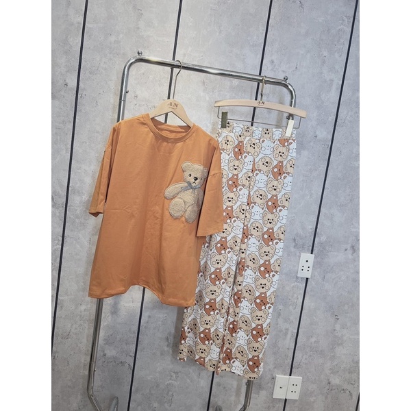 Set áo cotton gấu thêu lông quần suông đáng yêu