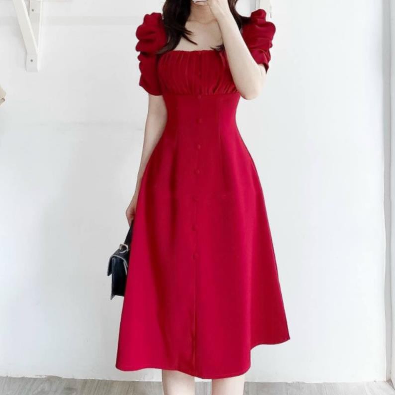 Đầm tay bồng xếp li ngực nút bọc | BigBuy360 - bigbuy360.vn