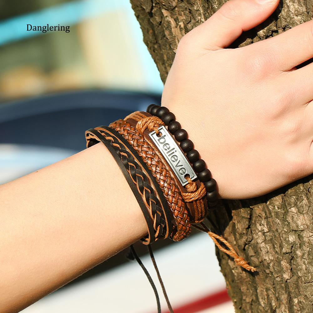 Set 4 dây đeo tay thiết kế bện phối miếng hợp kim khắc chữ Believe thời trang cho nam