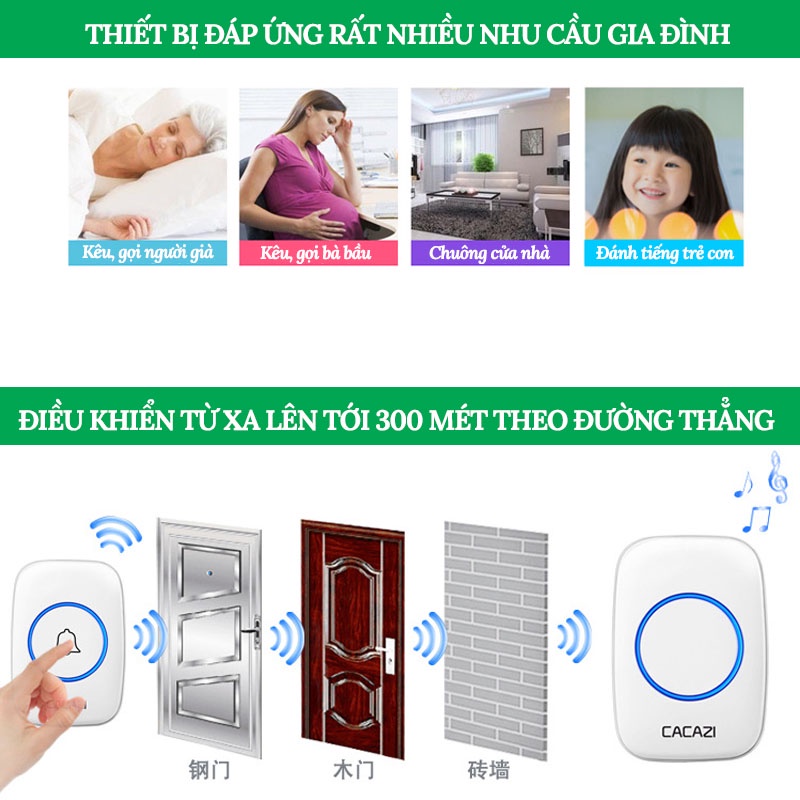 Chuông Cửa Không Dây Thông Minh CACAZI A10 Loại Tốt Chống Nước, Khoảng Cách 300m SONHOUSE