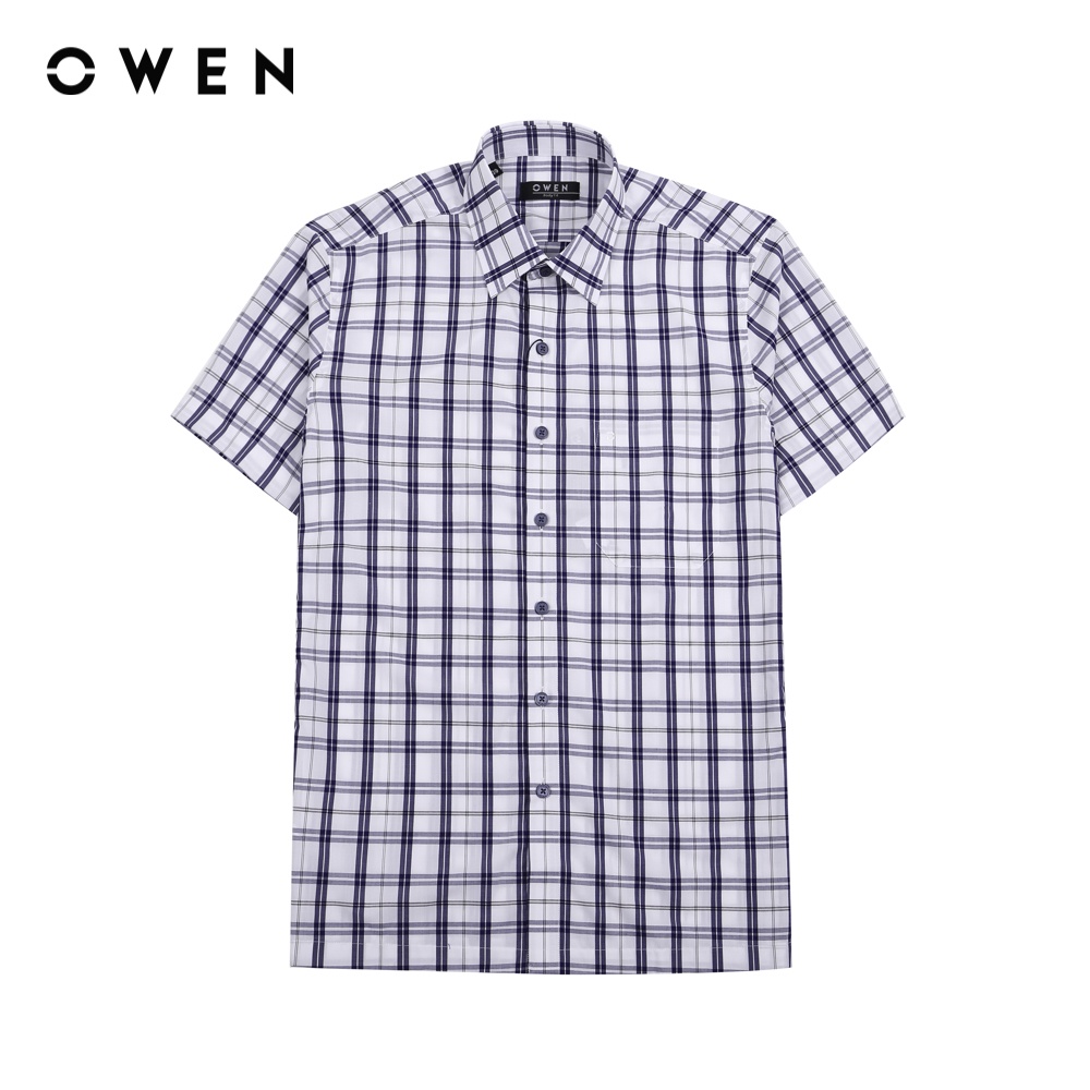 OWEN - Áo sơ mi ngắn tay Body Fit Navy trắng Bamboo - BA220893NT