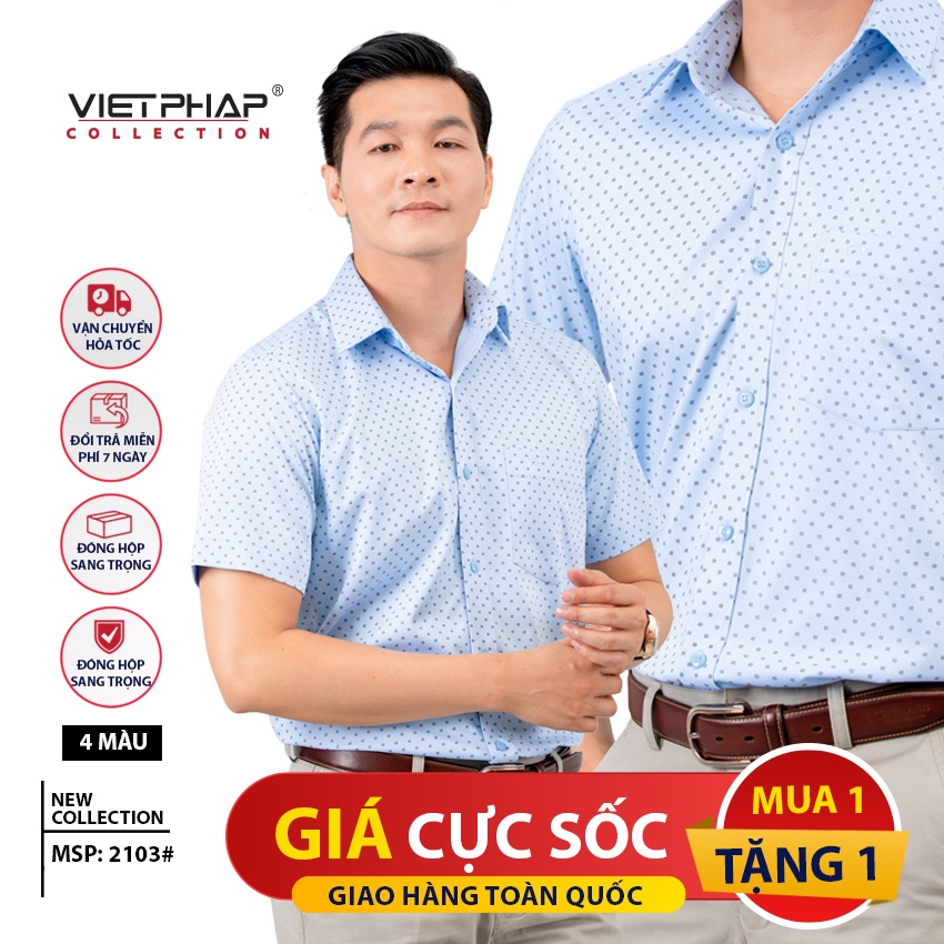 [1 tặng 1]Áo Sơ Mi Nam Tay Ngắn Vạt Ngang Cao Cấp Bamboo Việt Pháp 2103