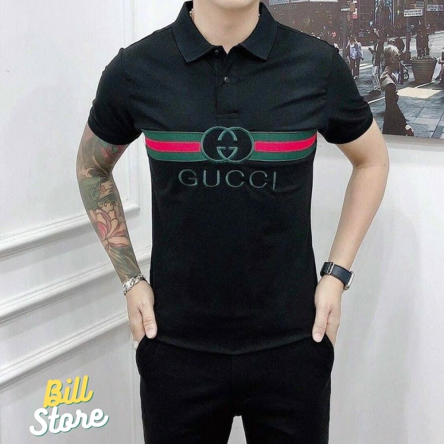 Áo polo họa tiết thêu ngực GG, Áo phông thể thao cộc tay cổ bẻ mùa hè chất liệu cotton cá sấu BILL STORE