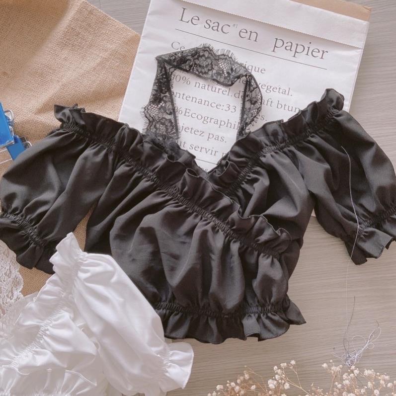 ÁO TRỄ VAI CROPTOP phối dây ren ,  chun nhún viền điệu đà xinh xắn. mã A15