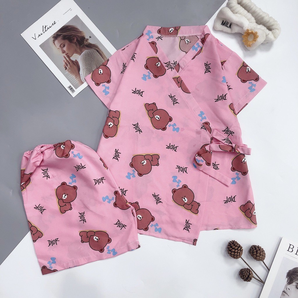 [RẺ VÔ ĐỊCH] Bộ Kimono Cộc Tay Nữ 🌸 Set pijama buộc nơ in hình cute, quần áo ngủ mặc ở nhà, mùa hè Ulzzang HOT 🌸