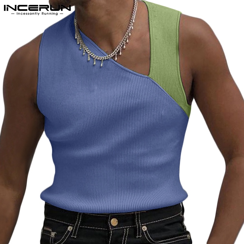 Áo ba lỗ INCERUN dáng ôm phối màu tương phản thời trang thường ngày cho nam