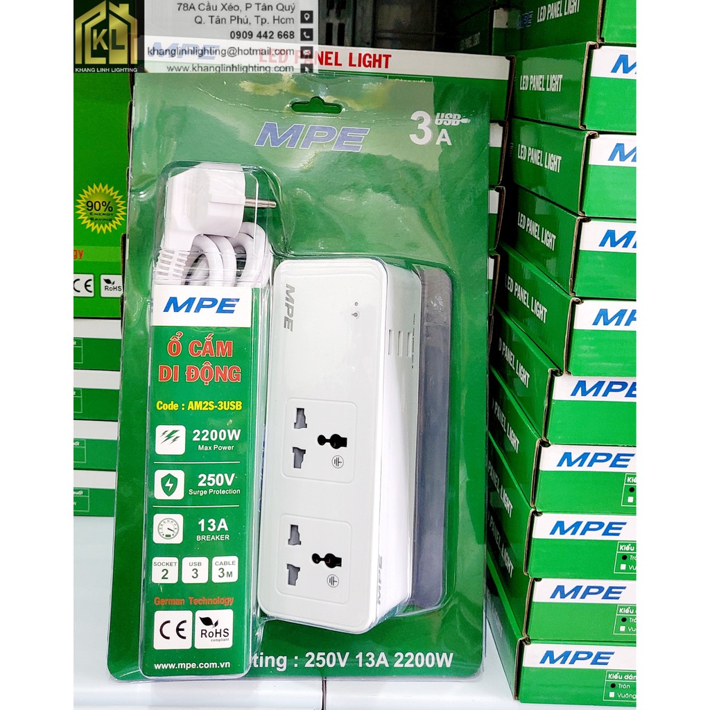 Ổ CẮM CÓ DÂY DI ĐỘNG 2 CHẤU + 3USB HÀNG CHÍNH HÃNG MPE