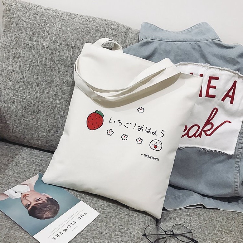 Túi tote Túi đeo vai vải canvas đi học đi chơi có khóa kéo phong cách Nhật Bản