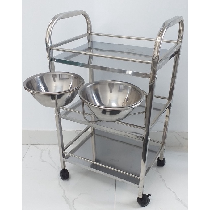 Xe đẩy 3 tầng inox kệ inox có bánh xe đa năng xe đẩy inox spa