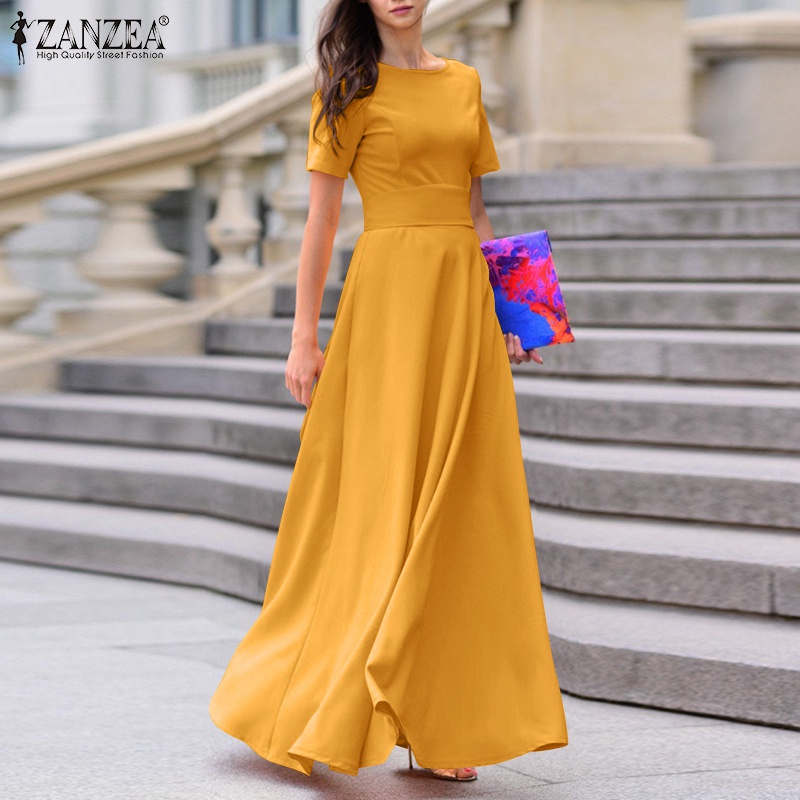Zanzea đầm maxi tay ngắn cổ tròn màu trơn thời trang tinh tế cho nữ
