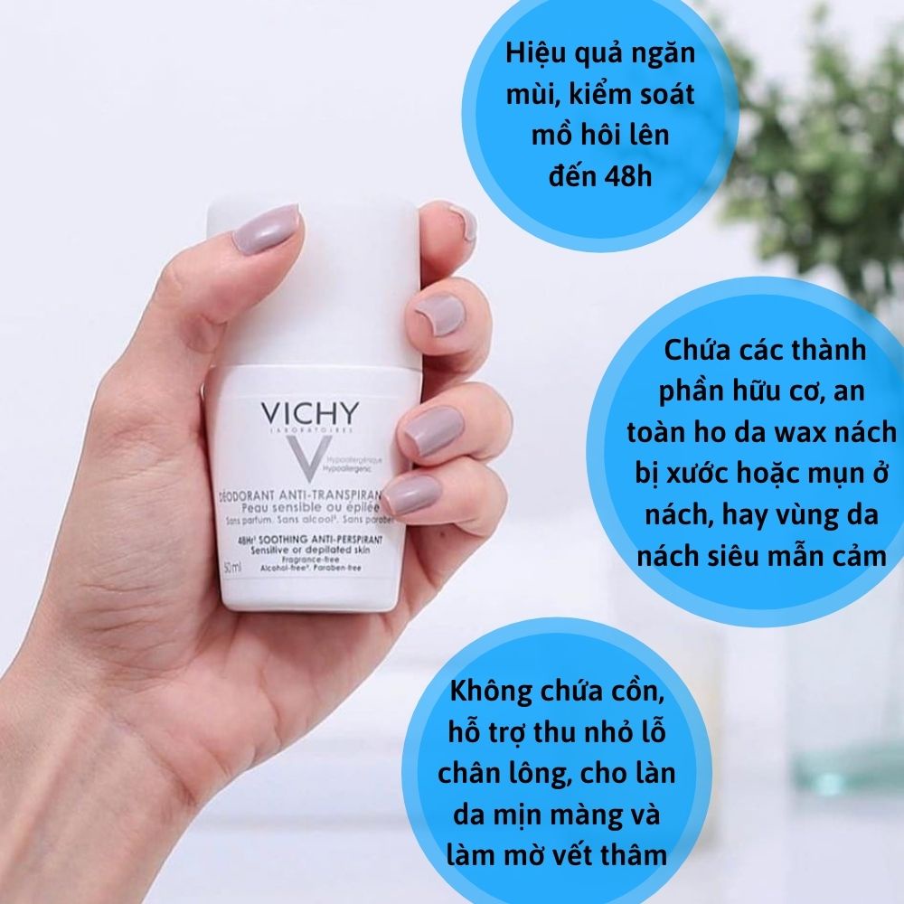 [Freeship+Tặng quà] Lăn khử mùi, giảm mồ hôi cho da nhạy cảm Vichy trắng không mùi thơm chính hãng Pháp - BeautyMart