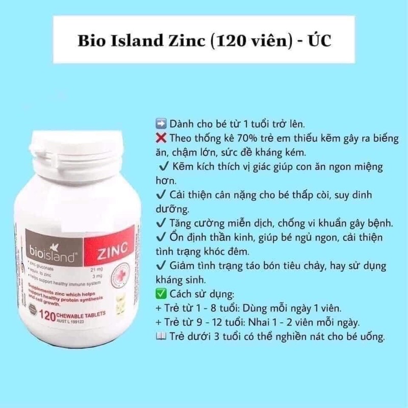 ( CAM KẾT CHÍNH HÃNG ) Viên kẹo kẽm zin C bioisland lọ 120 viên