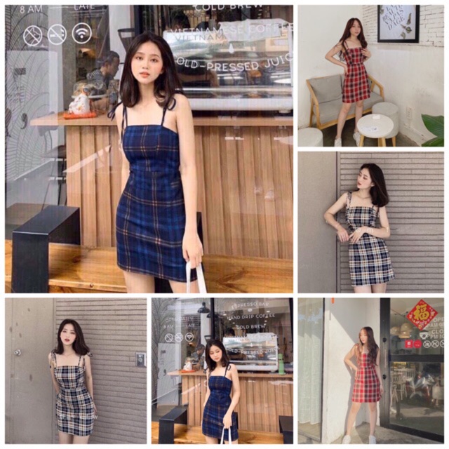 Đầm caro 2 dây cột nơ vai - Hình thật