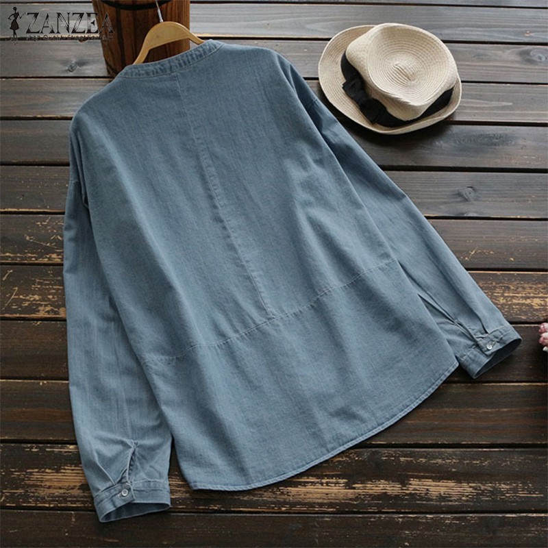Áo Zanzea denim dài tay dáng rộng tà bất đối xứng thời trang cho nữ