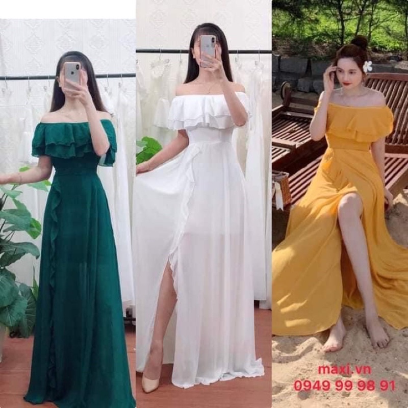 Đầm maxi trễ vài bèo xẻ tà cách điêu- Hình thật Sp 100%