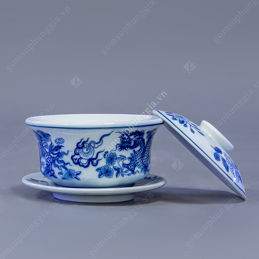 Bát nước họa tiết RỒNG men Lam Trắng Trơn, đồ thờ cúng Phùng Gia - Gốm sứ Bát Tràng cao cấp