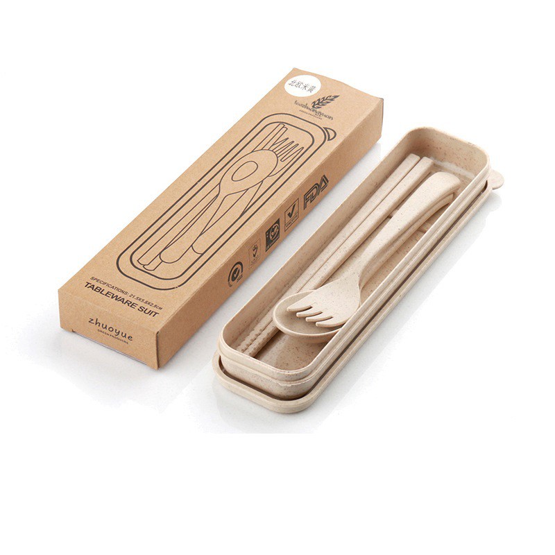 Bộ đũa, thìa, dĩa lúa mạch-nhựa kèm hộp đựng